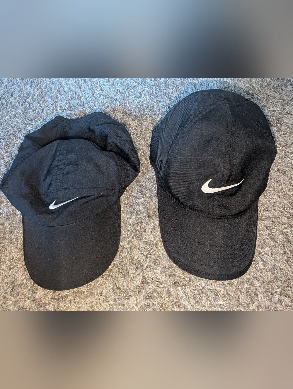 Two Nike Black Running Caps with White Swoosh Logo